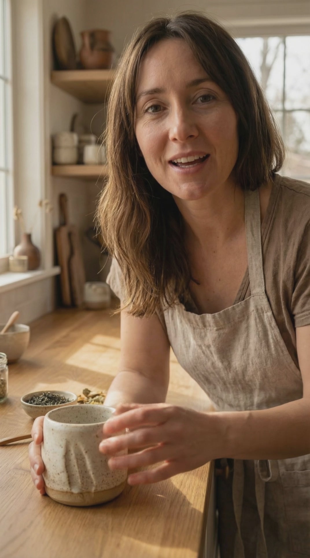 Woman explains that she likes the feel and weight of the mug in her hands