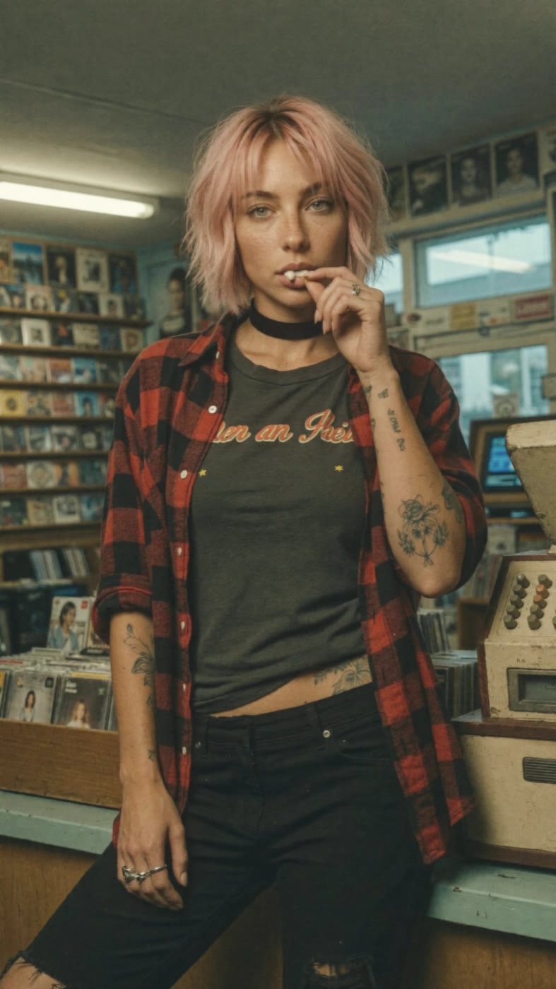 Raya behind the record store counter in Addi's 1998 New York